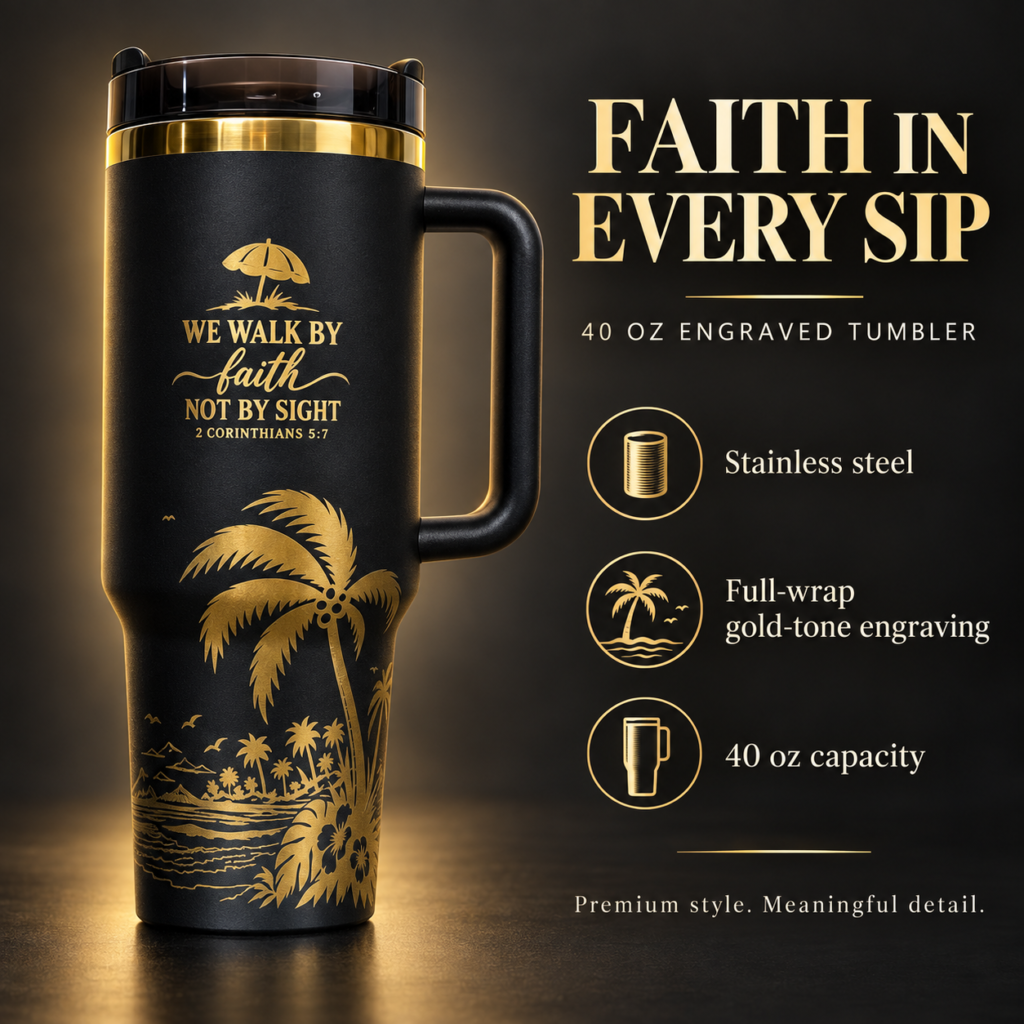 Black 40 oz engraved tumbler with gold-tone "We Walk By Faith Not By Sight" verse and palm beach scene – Connsole Casa