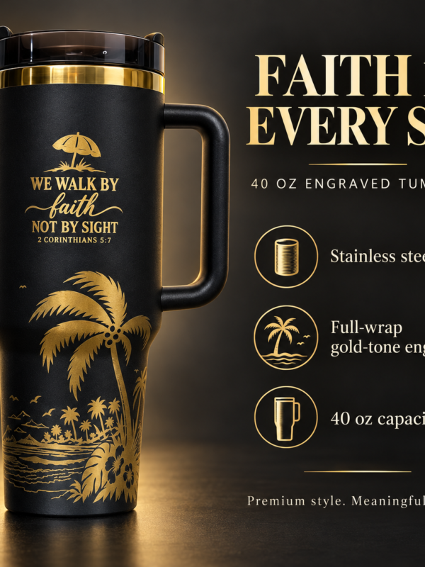 Black 40 oz engraved tumbler with gold-tone "We Walk By Faith Not By Sight" verse and palm beach scene – Connsole Casa