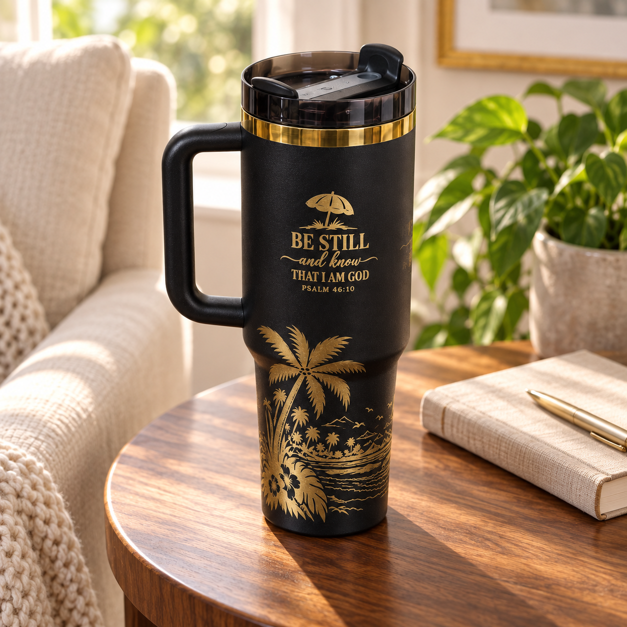 Black 40 oz tumbler engraved with a Bible verse and palm beach scene on a wooden side table