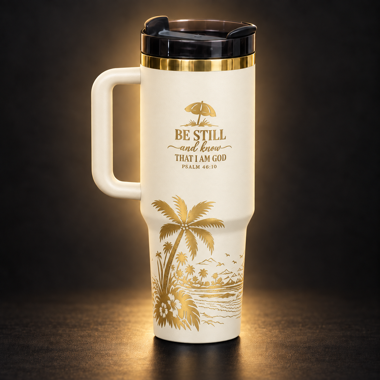 Cream 40 oz engraved tumbler with gold-tone lettering