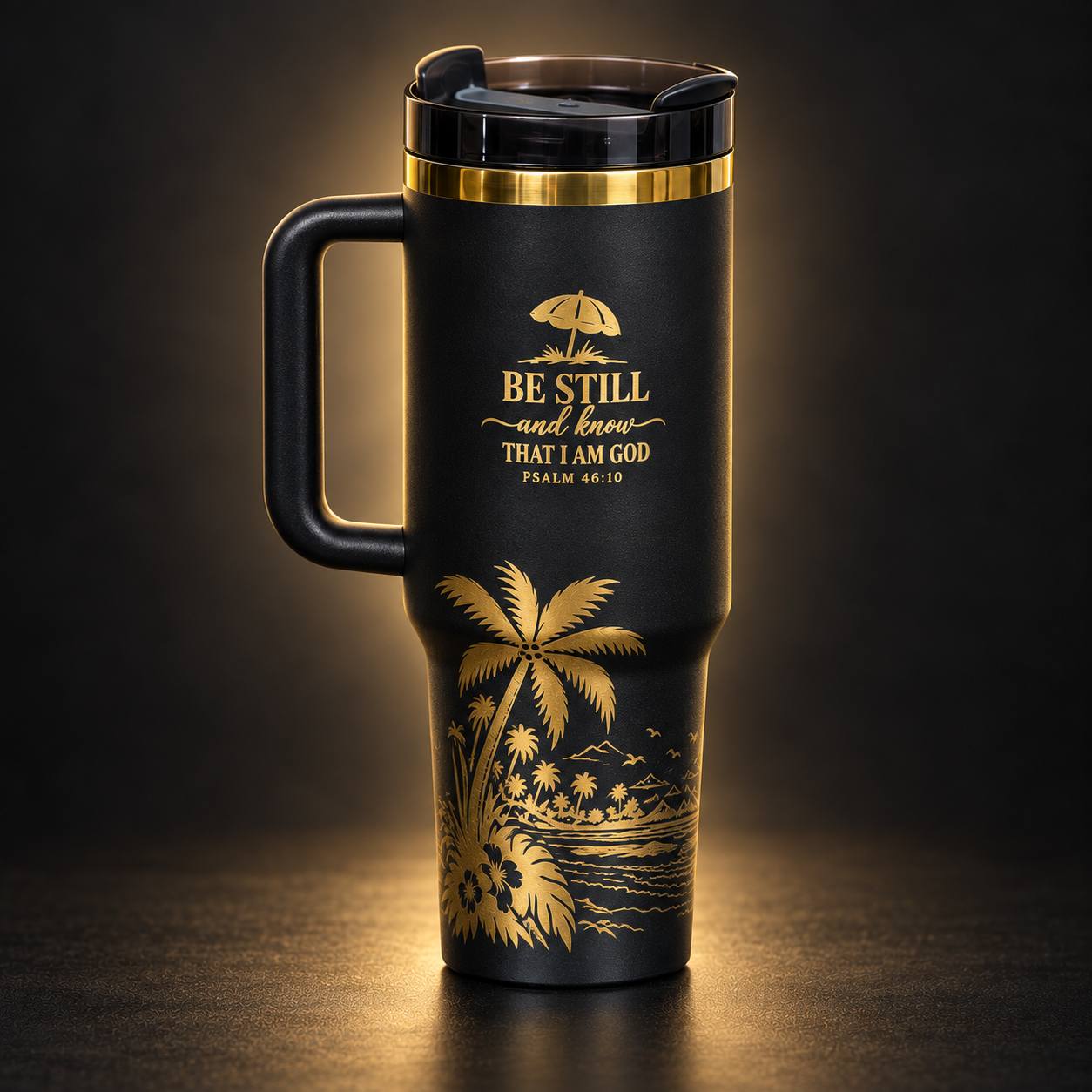 Black 40 oz tumbler engraved with Be Still and Know That I Am God, Psalm 46:10