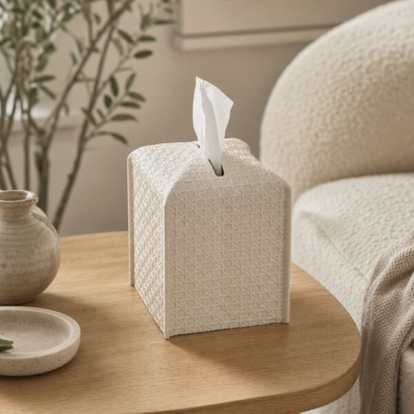 Rattan Style Vegan Leather Tissue Box Cover – Square Decorative Napkin Holder