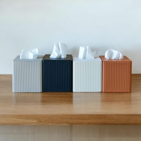 Modern PU Leather Tissue Box – Ribbed Square Design with Magnetic Closure