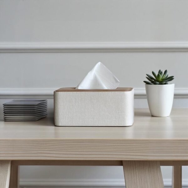 Rectangular Tissue Box Cover – PU Leather with Oak Wood Top