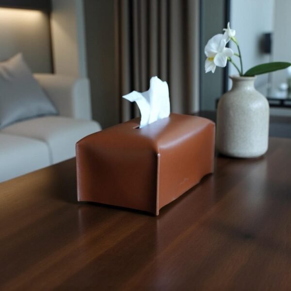 Genuine Leather Tissue Box Holder – Saffiano Slate and Cognac Saddle