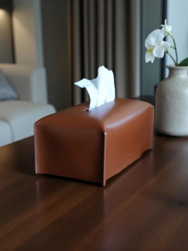 Genuine Saffiano leather tissue box holder in slate and cognac saddle by Connsole Casa