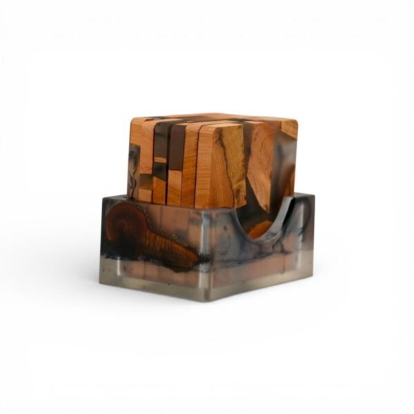 Eastern Cedar Aromatic Wood and Resin Coaster Set – 6 Handmade Coasters with Matching Base