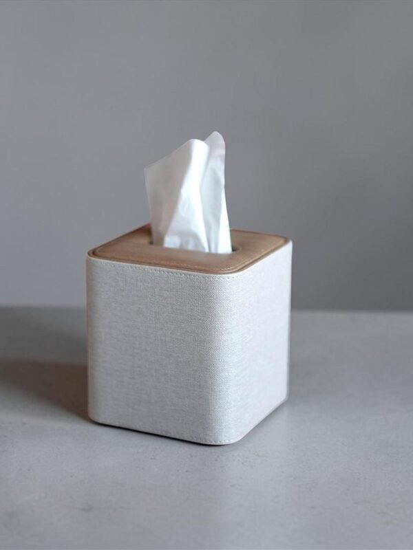 Elegant square PU leather tissue box cover with linen texture and magnetic closure by Connsole Casa