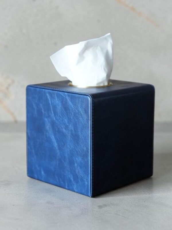 Square PU leather tissue box cover with gold-tone trim and magnetic closure by Connsole Casa